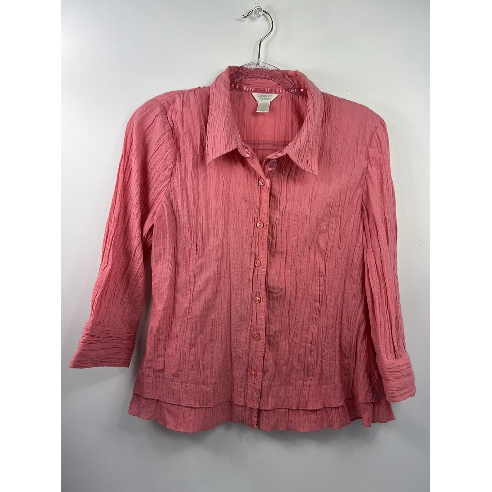 Christopher & Banks Blouse‎ Women's S Pink Crinkle 3/4 Sleeve Shirt Tiered Hem